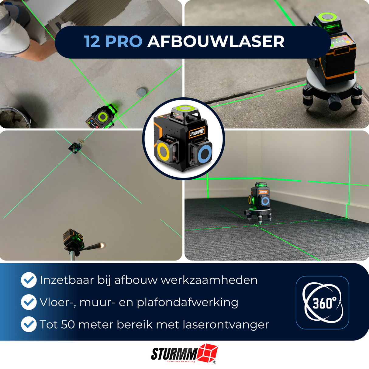 Cross Line Laser LL-A4300 - 3 x 360° Lines - Green Laser - 4000mAh Battery