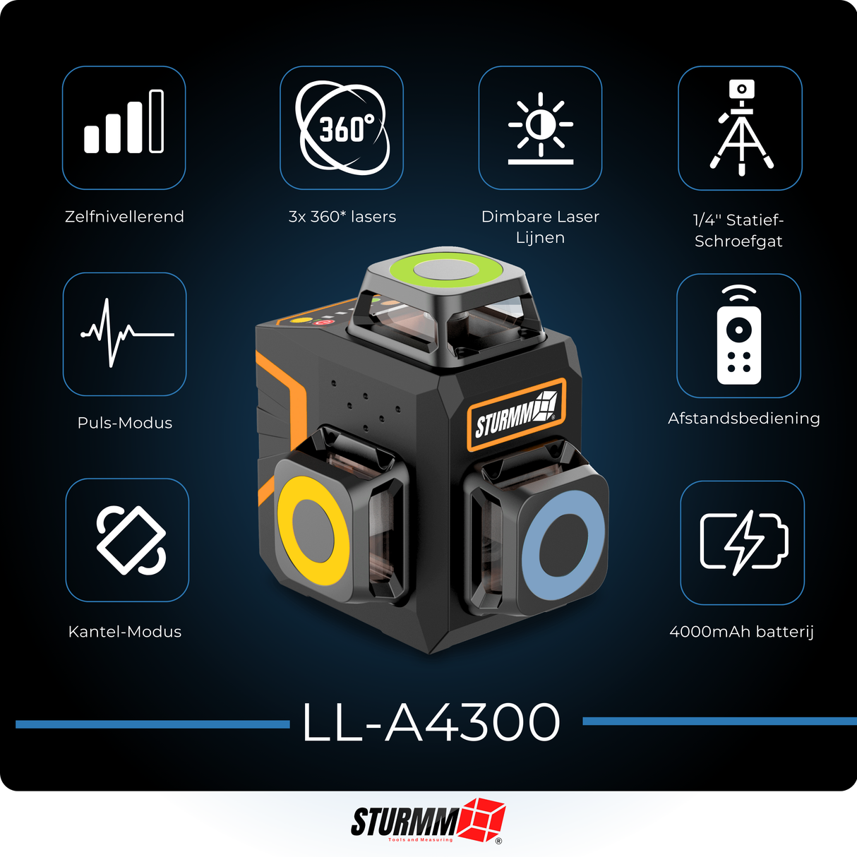 Cross Line Laser LL-A4300 - 3 x 360° Lines - Green Laser - 4000mAh Battery