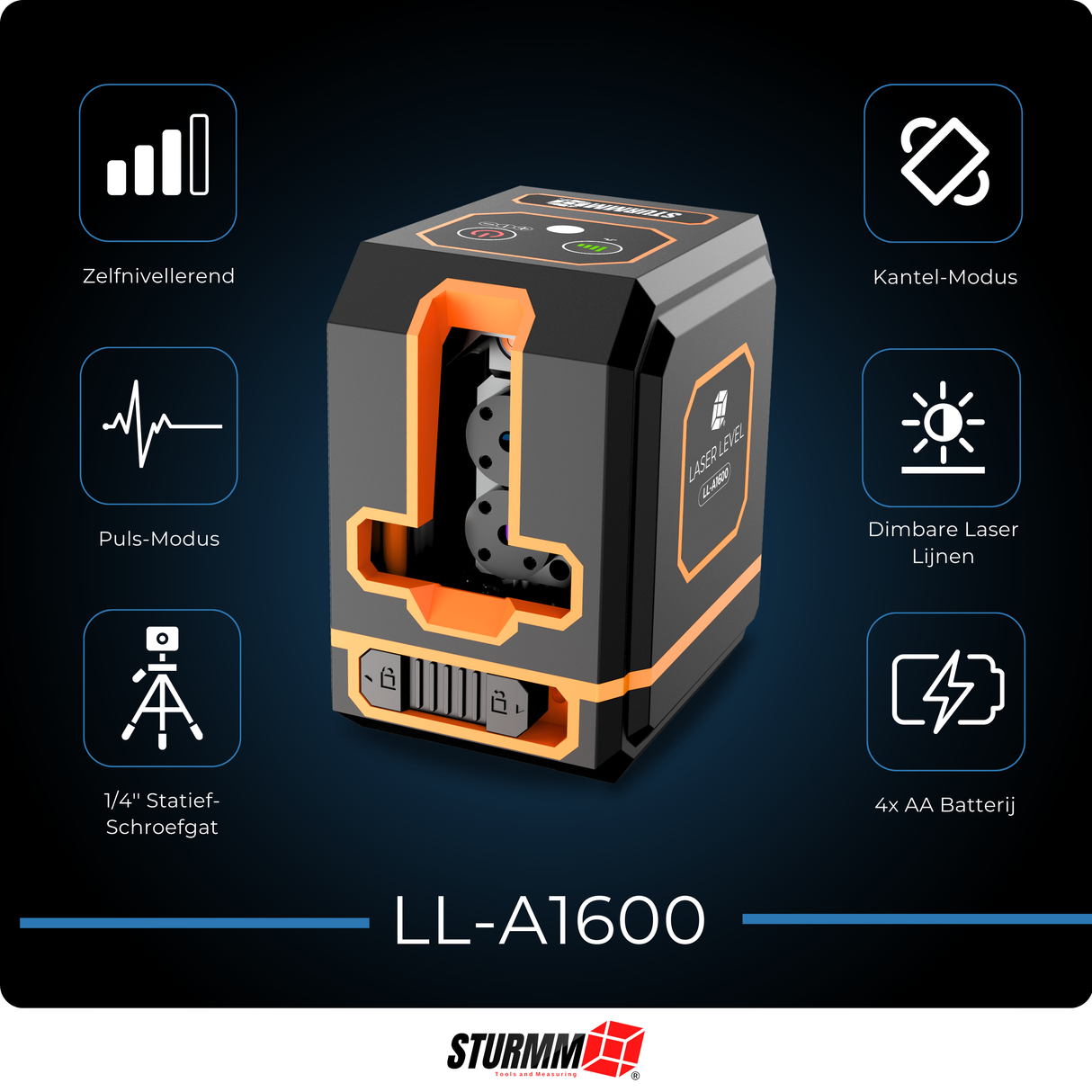 Cross Line Laser LL-A1600 - Two Adjustable Lines - Green Laser - 1000mAh Battery
